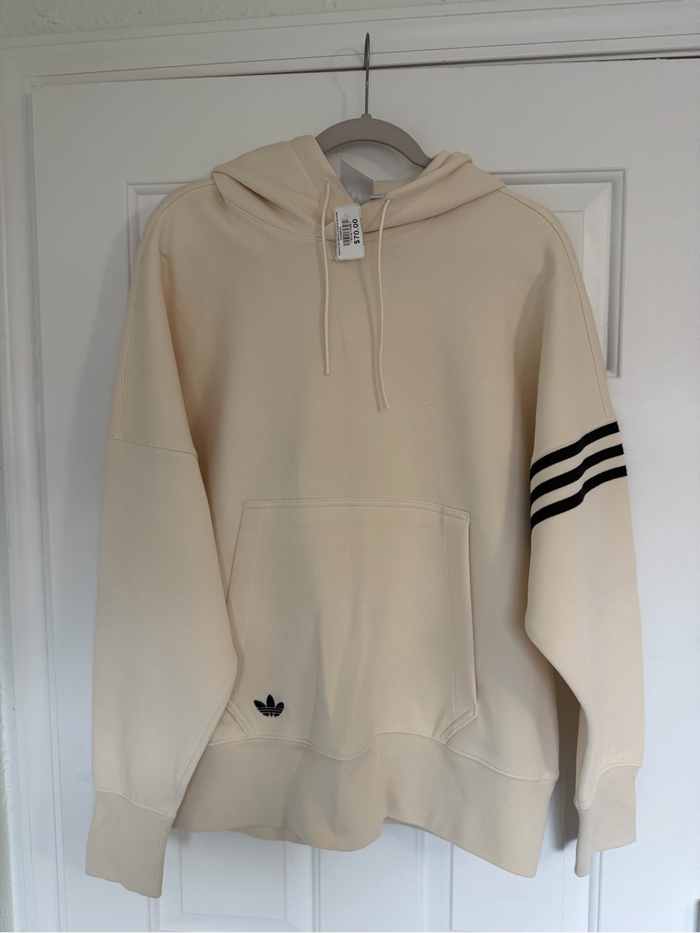 adidas Cream Hoodie with Black Sleeve Stripes